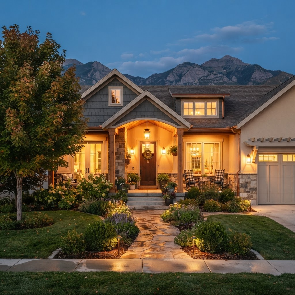 A charming Utah home glowing warmly at dusk with the mountains beyond