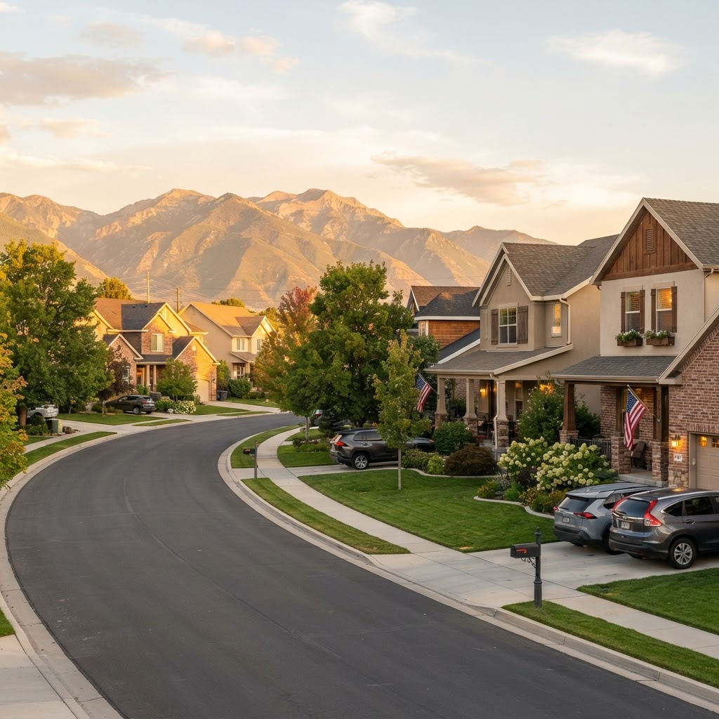 A welcoming, well-kept Utah residential neighborhood at golden hour with the Wasatch mountains beyond