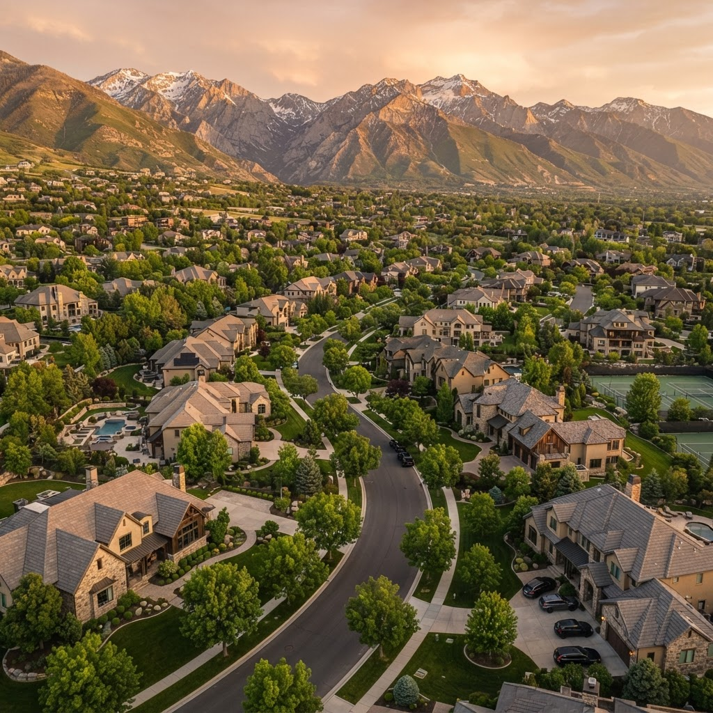Upscale tree-lined Utah neighborhood at golden hour with the Wasatch mountains on the horizon