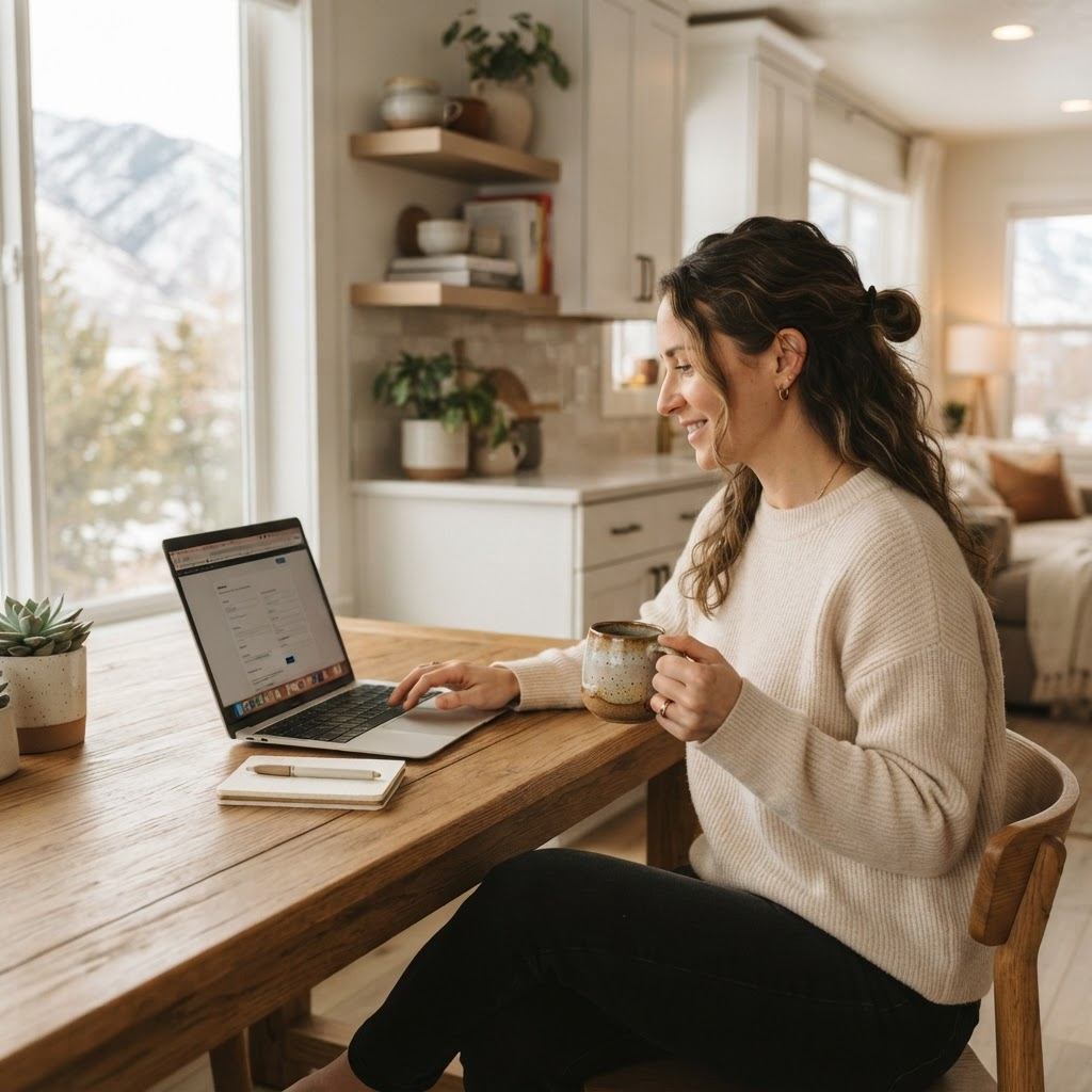 A resident comfortably setting up utilities on a laptop at a bright kitchen table