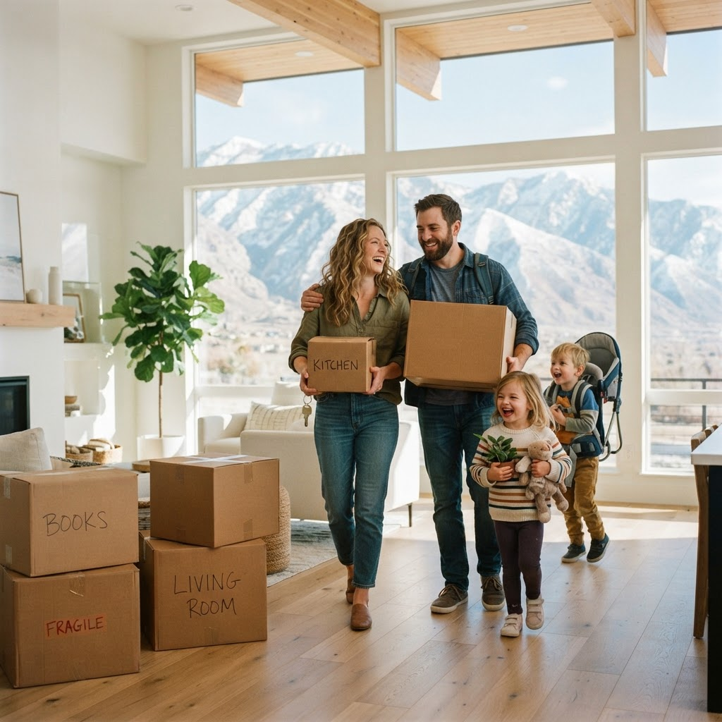A happy family moving into a bright modern Utah home with mountain views and moving boxes